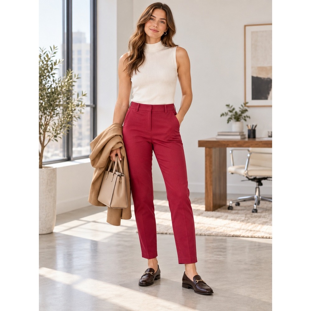LOFT The Riviera Slim Pants Berry Red Mid Rise Trousers Size 0 P62